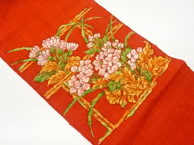 手織り真綿紬竹垣に草花模様織出し名古屋帯